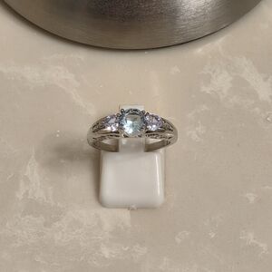 Silver CZ and Aquamarine Ring Size 8.5